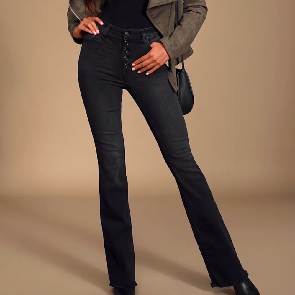 High-Rise Trina Washed Black Button-Fly Flare Jeans